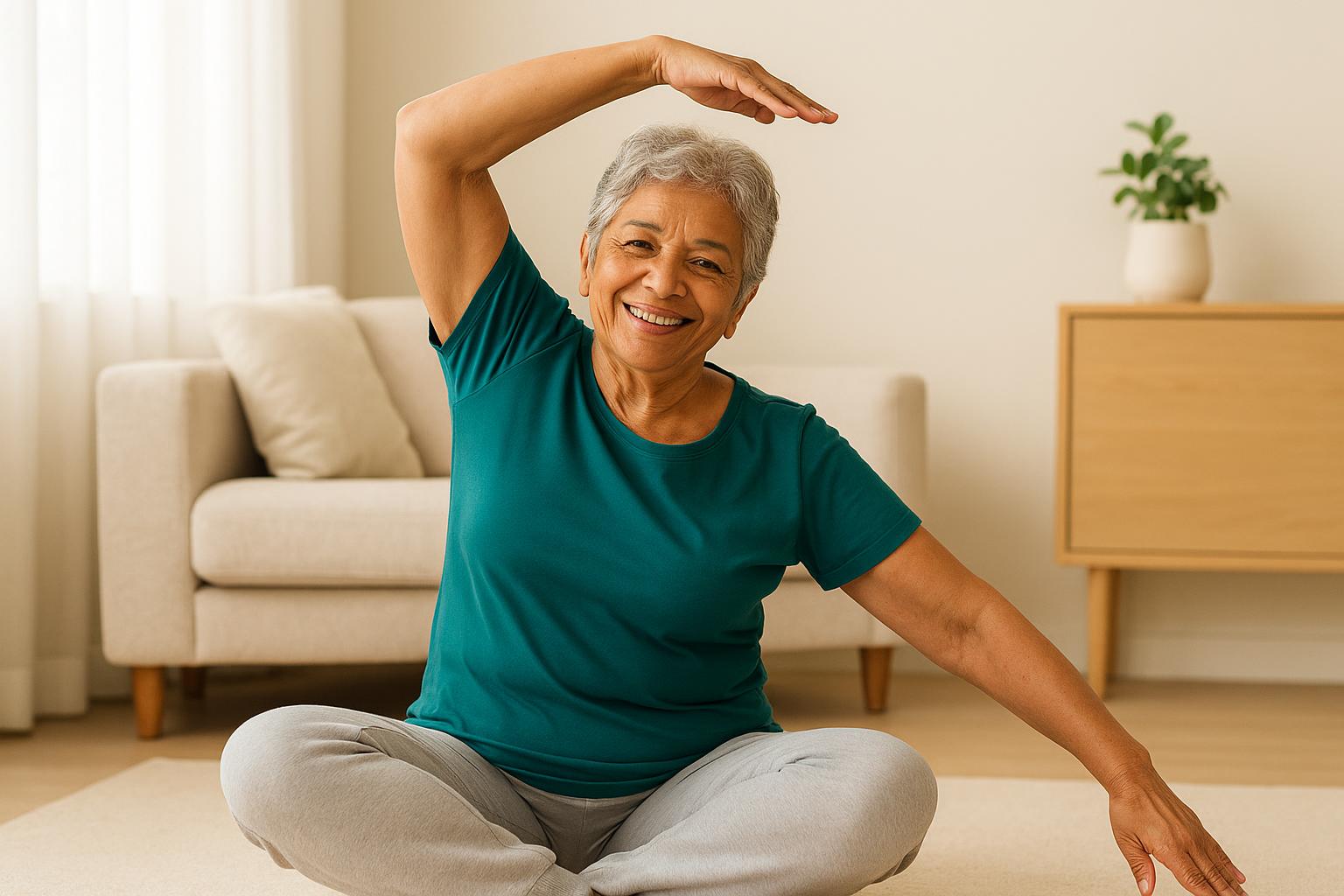 Senhora sorrindo fazendo um exercício de alongamento em casa